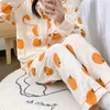 女性用スリープウェアパジャマセット女性ゆるい秋の因果レトロなデザイン甘いホームウェア韓国スタイルの女性ターンダウンカラーシンプルなファッション