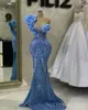 2024 Blue Plus Size Prom -jurken voor speciale gelegenheden beleggen een schouder kralen kant kanttoste strass Decoreerde verjaardagsfeestjurk tweede receptie jurken am891
