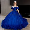 Masquerad Royal Blue Quinceanera klänningar mexikanska eleganta av axlar bollklänning prom klänning sexton födelsedagsklänning ruffles vestido de 15 xv anos debutante 2024