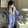 Women's Sleepwear Plaid Women Pajama Sets Pants 2 Pieces Square Collar Piiama Korean Lace Full Sleeve Spring Night Wears Home Suit