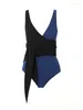 Svartblå färgblock Lace Up V Neck 1 Piece och täcker kvinnors strandkläder Lyxbaddräkter Vacationsmode 2024