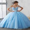 2019 Light Sky Blue Ball Suknia Quinceanera Sukienki CAP Rękawy Spaghetti Kryształ Kryształ Princess Prezenta