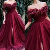 2020 Nya sexiga balklänningar Bourgogne Hand Made Flowers 1 2 Sleeve Backless Tulle Plus Size Split Sweep Train Party Dress Evening Gowns 2962