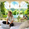 Tapisserier Arched Stone Door Building Tapestry Wall Hanging Castle Bohemian Hippie Tryckt Polyester European Style Bedroom Room Decor