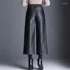 Pantalon féminin plus taille pu faux cuir large jambe de jambe de cheville femmes en ampoule noir brillant haut taille femme pantalon 2024 pantalon coréen