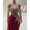 Beading Mermaid Prom Dresses Bury Long Sleeve Sexy Jewel Neck Evening Dress Party Wear Sweep Train Satin Gowns