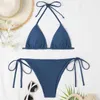 Swimwear Women 2024 Smog Blue Belt Coron Pousque sans acier Support Fashion Tie sexy Split Split Backless 3 Pieces Suite pour femmes Lime