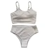 Damen Badebekleidung 2Piece Badeanzug Streifen eng zurücklessem Schwimmanzug hoher Stretchbikini -Schwimmshorts mit Taschen