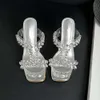 PVC yaz flip flopları için şeffaf sandaletler dişi kare ayak parmağı pompalar Slingback stiletto topuk terlik kadınları