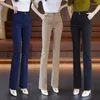 Kvinnors byxor 2024 Spring och Autumn Solid Color High midjeknappfickor Fashion Elastic Thin Straight Bootcut Casual Suit