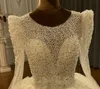 2024 Saudi Arabic Puffy Wedding Dresses Scoop Long Sleeves Pearls Beads Sequins Tulle Puffy Bridal Gowns Lace Up Vestido De Noiva Casamento