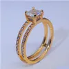 Anéis 14K Gold Double Diamond Crown Ring Princess noivado para mulheres mulheres Jóias de moda Droga Otjlu