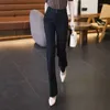 Kvinnors byxor 2024 Spring och Autumn Solid Color High midjeknappfickor Fashion Elastic Thin Straight Bootcut Casual Suit