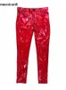 Herrbyxor Mauroicardi Spring och Autumn Tight Set Sexig glänsande reflekterande elastiska röda patent PU -läderbyxor Mens Y2K Street Clothing Club Clothingl2405