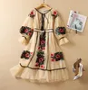 2022 Spring Summer Long Sleeve Round Neck Khaki Floral Embroidery Tulle Panelled Ribbon Tie Bow MidCalf Dress Elegant Casual Dres3070435