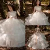 Bloemen Lace Flower Girl -jurken Baljurken Kind Pageant Jurken Lange Train Mooie kleine kinderen Flowergirl jurk formeel 287V