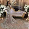 Dubaï Arabe Plus taille Silver Mermaid Robes de mariée Court Courts de trains Crystals Bijou à manches longues Viens de robe Bridal Vestidos 264U