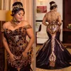 Robes de soirée sirène en dentelle de taille plus 2019 Halter à paillettes en or scintillant au large de l'épaule des robes de bal africaines balayez la robe de fête en satin 258i