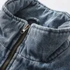 Japan Style Stand Collar Men Lettres Imprimé Retro Denim Veste d'automne d'hiver Big Pockets Zip Up Coat lâche 240428