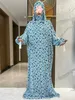 Ethnische Kleidung 2024 neuer Ramadan Muslim Zwei Hüte Abaya Dubai Türkei Islam Gebetskleidung Blumen Baumwolle Stoff Islam Frauen Kleid Kaftan T240510
