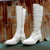Boots Knight Genuine Leather Women Winter Block Med Heels Lace Up Knee High Motorcycle Riding Casual Safety Shoes