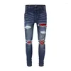 Jean's Jeans High Street Trend Fashion Elastic Vintage Deep Blue Split Split Red Patch Designer Hip Hop Brand Pan