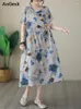 Abiti per feste Cotton a V-Neck Stampa vintage Floral Long for Women 2024 Summer Casual Dress Office Lady Work Femme Robe Elegant Clothing