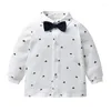 Kläder sätter icjaehao 2024 Barn vårhöstmatchande pojkar kostym gentleman bow slips skjorta bousers baby hundra dagar gammal