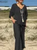 Dwuczęściowe spodnie kobiet Zanzea vintage solidne zestawy pasujące długie bluzka z szeroką nogą 2pcs 2pcs moda ol work garnitur zwykły miejskie dresy 2023 T240510
