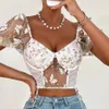 Yimunancy Boho Bufferfly Embroidery Puff Sleeve Top Women v Neck Summer Backless Stose Sexy Cropped Blouse 240424