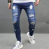 Jeans masculins élégants hommes épissant un pantalon de motard skinny bleu en détresse Hiphop Street Male Stretch Holes
