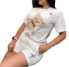 Women's Short Sleeve Two Piece Set Black Printed Short Sleeve Top and Brown Shorts Designer Jogging Clothing Women's Activewear Free Ship