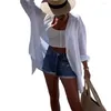 Kvinnors blusar Top Casual Losse Shirts Loose Lapel Knapp-ner långa ärmar Bikini Cardigan Plus Size Sun Protection Beach Cover-up