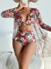 Women's Swimwear 3 PC Swimming Suit Bikini Set 2024 Women Vintage Green Floral Print Long Sleeve Cover Up Swimsuit High Waist