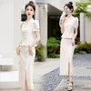 Work Dresses Ladies Elegant Stand Collar Lace Blouse Skirt Summer Chinese Tranditonal 2 Pieces Clothes Female Suits Set Short Sleeved