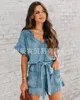 Jeans Stretch Jumpsuit V Neck Short Sleeve Solid Denim Casual Rompers Ladies Lace Up Playsuits Pockets 240508