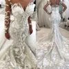 2022 Abiti da sposa alla sirena 3D vintage con maniche lunghe di lusso in treno staccabili