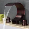 Waschbecken Wasserhähne Antiquitäten brauner Messing Wasserfall Wasserhahn Kunst Doppelgriff Drei Löcher hochwertige Beckenmischer Wasserhahn-D