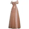 Robes sexy urbaines robe de fête 2024 Puff Slves Boat Neck Prom Long Elegant A Line Gold Tulle Foul Femme Femmes Prom Party Robe T240510