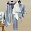 Sommergenähte Chiffon Langarm Shirt Female Pantet Set Elegante Damen Jeans lässige Damen Bluse zweiteilige Set 240508