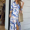 Lässige Kleider Frauen Langarm Shirt Kleid Frühling Herbst Boho gedrucktem Fashion Vestido Single Breastted Button Party Frau MAXI