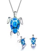 925 Sterling Silber Niedliche Schildkröte Anhänger Halskette und Ohrringe Blau Feuer Opal gefülltes weibliches Tiere Schmuck 2220725