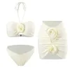 Swimwear Women 2024 3d Lace Floral Three Pieces Bikini Set Cover Up Femmes Swimsuit Pouss