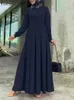 民族服秋の女性イスラム教徒のドレス長いslve o-neck Sundress Islamic abaya Robe ZanzeaエレガントなプリーツベスティドカジュアルソリッドロングドレスT240510