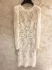 Robes décontractées broderie de laine luxueuse blanche manches longues élégantes creux robe en dente