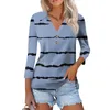 T-shirts pour femmes mode Summer Strucy Striped Imprided à col boutonné à sept points en vrac Top Woman Vêtements Crop Crop Shirt