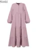 Etniska kläder Zanzea Muslim modeklänning Lång slav V-ringad solid klänning Spring Elegant Trkiye pannbandsklänning Vintage Party Dubai Maxi Sundress T240510