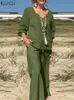 Dwuczęściowe spodnie kobiet Zanzea vintage solidne zestawy pasujące długie bluzka z szeroką nogą 2pcs 2pcs moda ol work garnitur zwykły miejskie dresy 2023 T240510