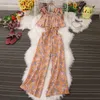 Boho Summer Beach Kwiatowy nadrukowany kombinezon dla kobiet na gł. Ruffles Ladies Jumpsuits szerokie nogi Bodycon Rompers Drop 240423