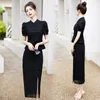 Work Dresses Ladies Elegant Stand Collar Lace Blouse Skirt Summer Chinese Tranditonal 2 Pieces Clothes Female Suits Set Short Sleeved